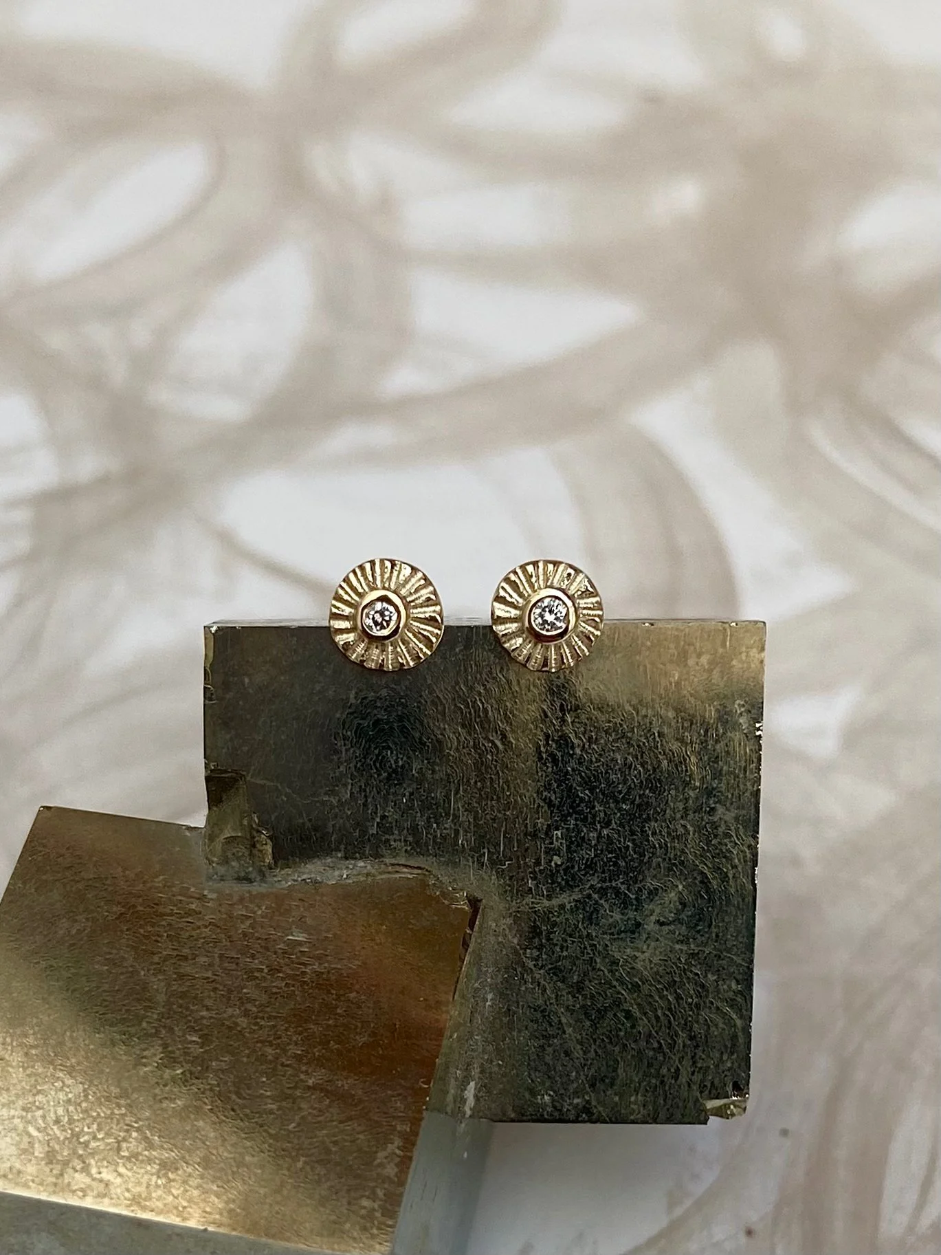 Teeny tiny sun-ray studs, 9ct Gold, Diamond.