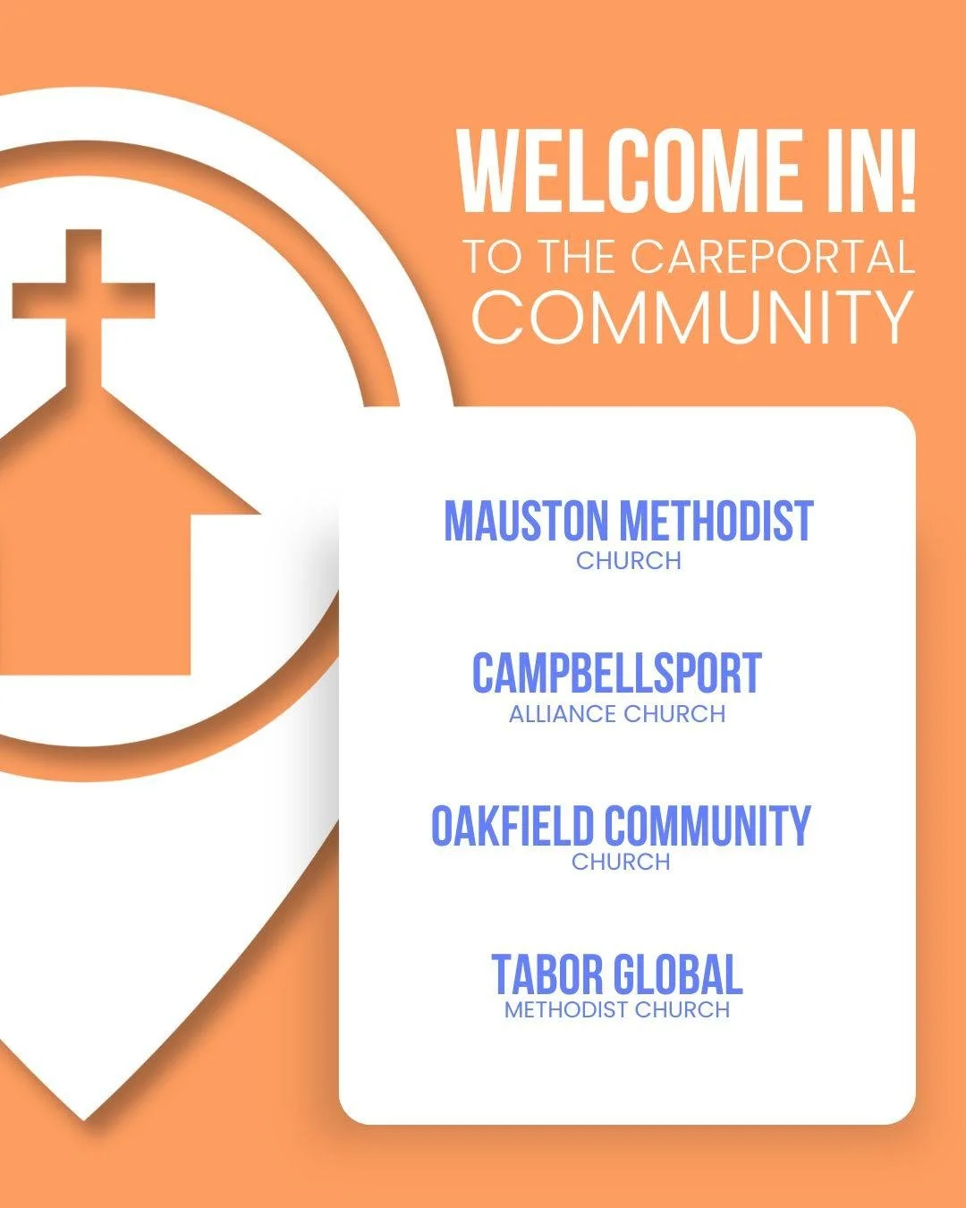 Family Connect's WELCOME IN WEDNESDAY celebrates the most recent churches that have fully enrolled in CarePortal. This month we enthusiastically welcome Mauston Methodist Church, Campbellsport Alliance Church, Oakfield Community Church and Tabor Glob