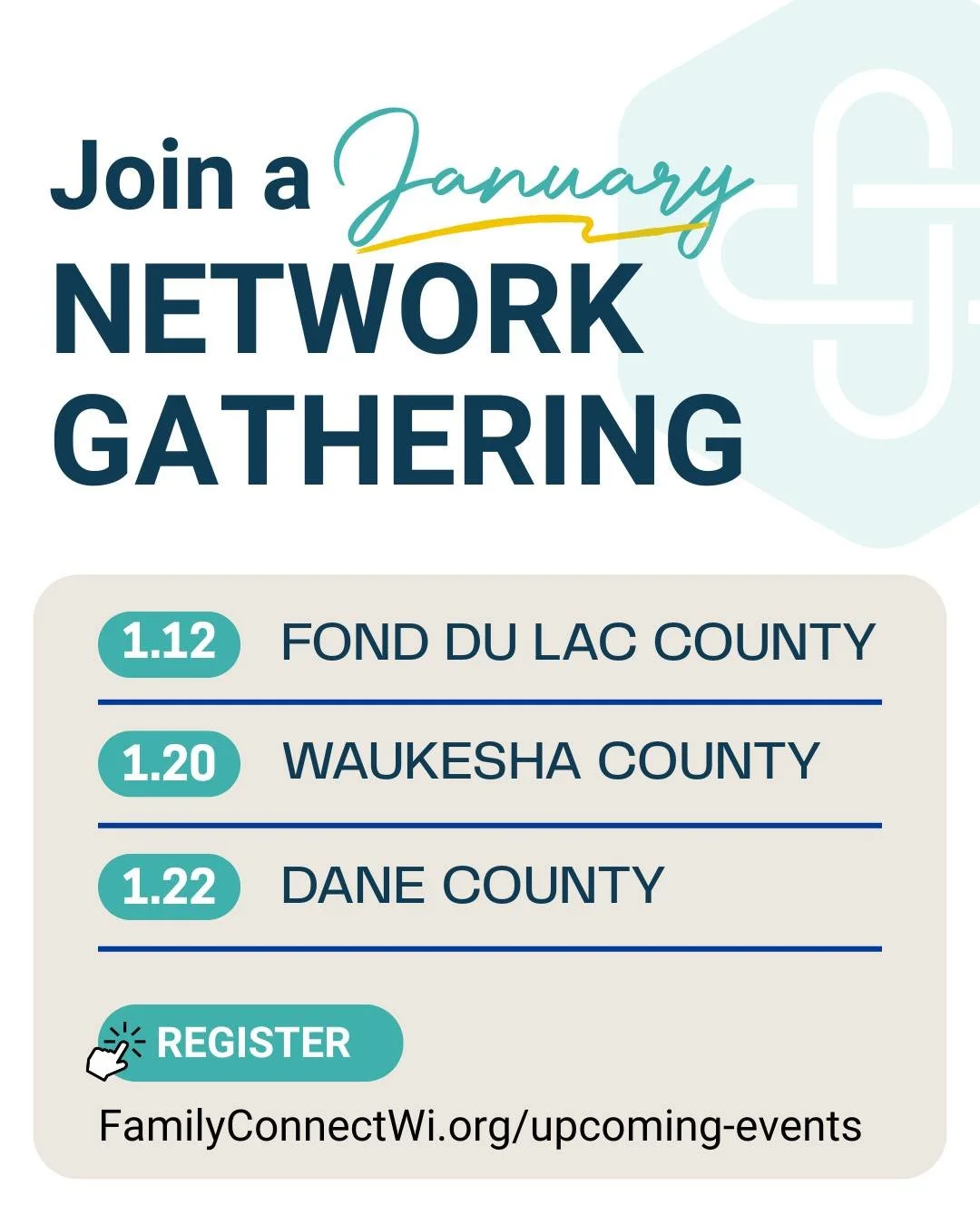 We're kicking 2026 off with connection! 🤝

Our quarterly Network Gatherings will be happening across Wisconsin in January and we'd love to see you there! 

Join us for...

* IMPACT updates and stories from your local Community Network
* OPPORTUNITIE