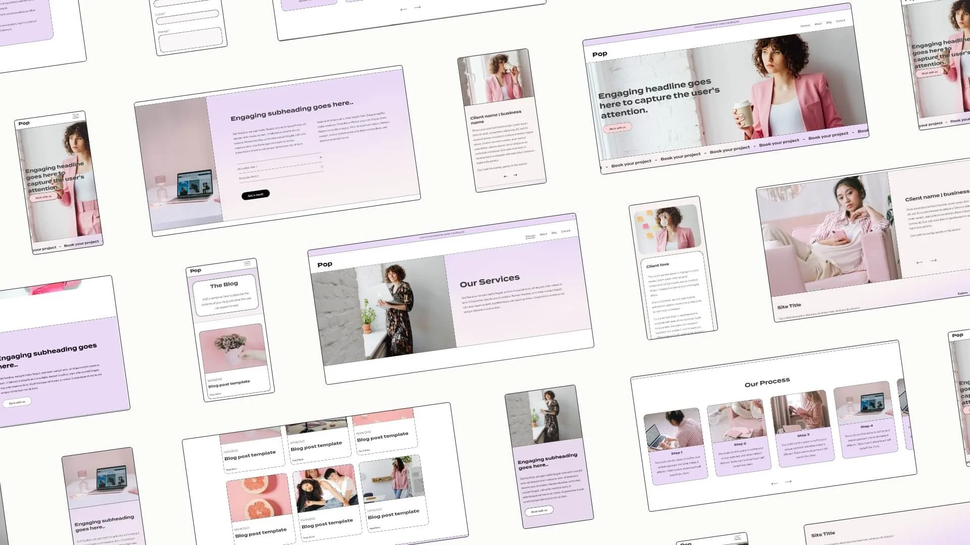 A collection of website and mobile app mockups featuring images of women, text sections with headlines, and various layouts with purple, pink, and white color schemes.