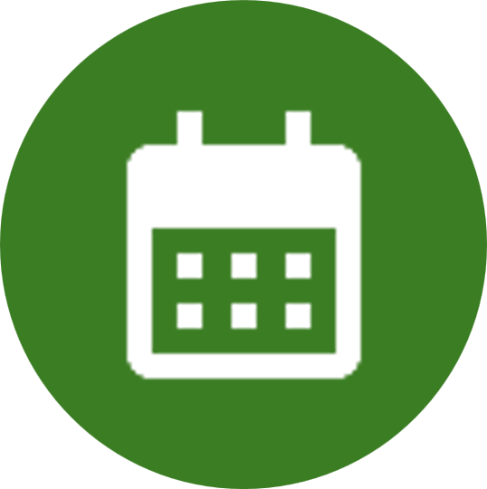 A white calendar icon on a green circular background.