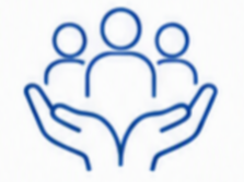 Icon of two hands holding three people, representing care or support.