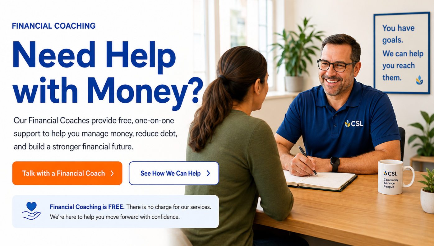A financial coaching service webpage advertising free, one-on-one financial support with a smiling male coach wearing glasses and a blue polo shirt with a logo, sitting at a table with a notebook and a white mug, talking to a woman with brown hair in a ponytail, in a bright office with plants and inspirational posters.
