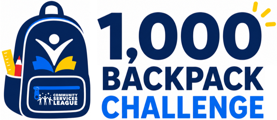 Logo for a backpack challenge with a graphic of a backpack, pencils, and the text '1,000 Backpack Challenge'.
