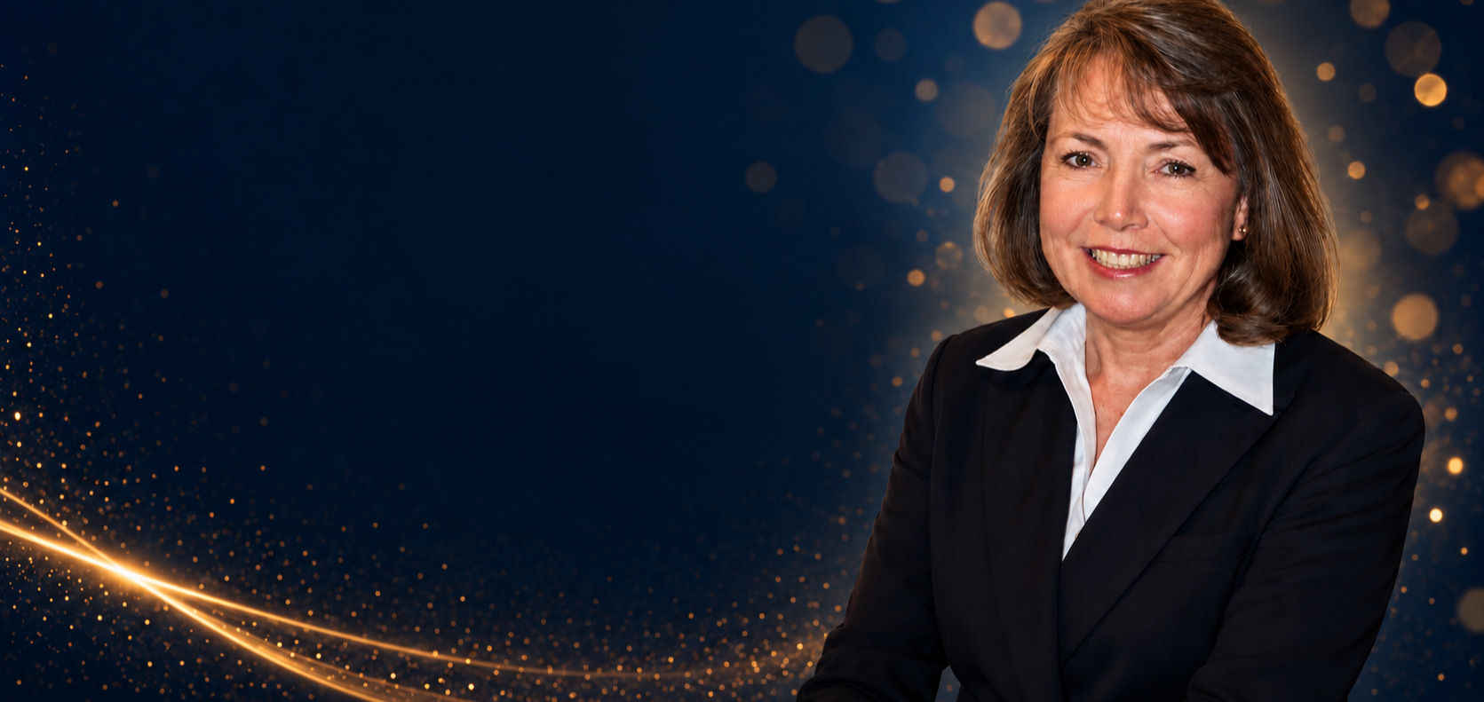 A smiling woman in a black blazer and white shirt, with shoulder-length brown hair, against a dark background with gold light effects.