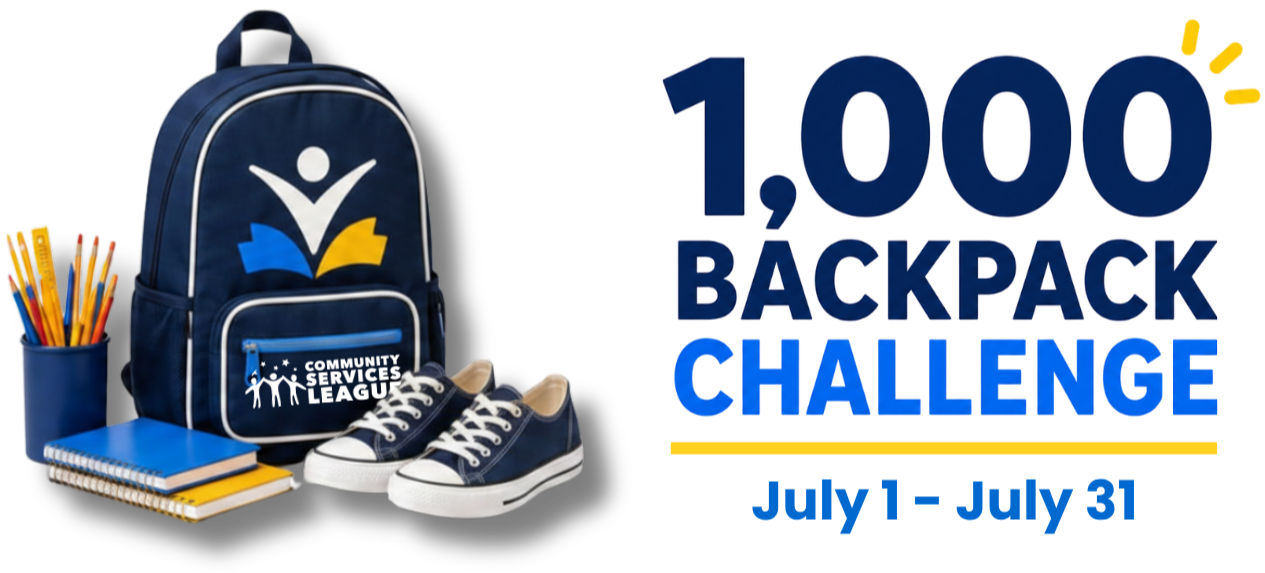 Backpack with community services league logo, nearby are notebooks, pens in a holder, and sneakers, with large text indicating 1,000 backpack challenge.
