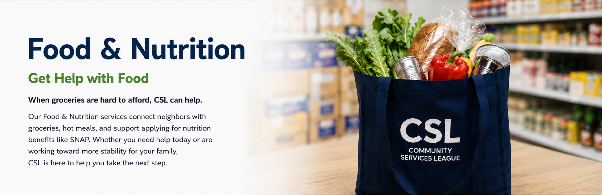 A grocery bag filled with vegetables, canned goods, and bread, with shelving in the background.