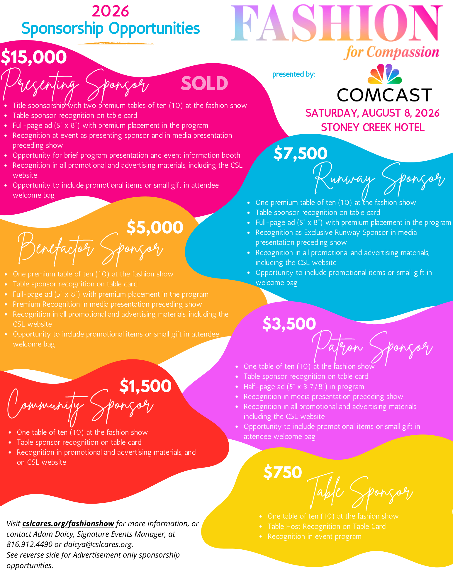 An informational graphic detailing sponsorship opportunities at a fashion show, including various levels of sponsorship with benefits and costs, such as Presenting Sponsor for $15,000, Runway Sponsor for $7,500, Benefactor Sponsor for $5,000, Community Sponsor for $3,500, and Table Sponsor for $750, with explanations of what each includes.