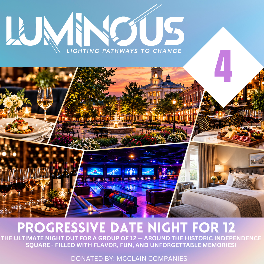 Advertisement for the 20th Anniversary Gala Luminaus, a live auction event with a theme of lighting pathways to change. The event features a coastal scene with houses and boats at sunset, promoting a one-week stay at River House in South Thomaston, Maine, for groups of 6-8, with $1000 airfare included. Donated by Dennis & Terry Clinefelter.
