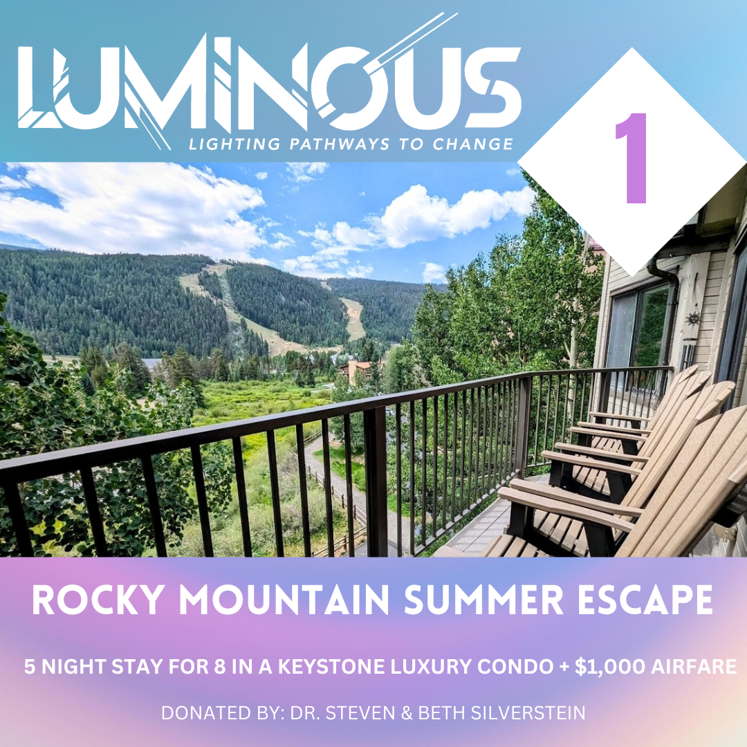 A promotional flyer for the 20th anniversary gala of Luminous, featuring a scenic view of a rocky mountain landscape with a river, trees, and mountains in the distance. The flyer includes text about a live auction, a 5-night stay at a luxury condo, and donations by Dr. Steven and Beth Silverstein.
