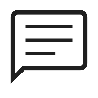 Black icon of a speech bubble with horizontal lines representing text inside.
