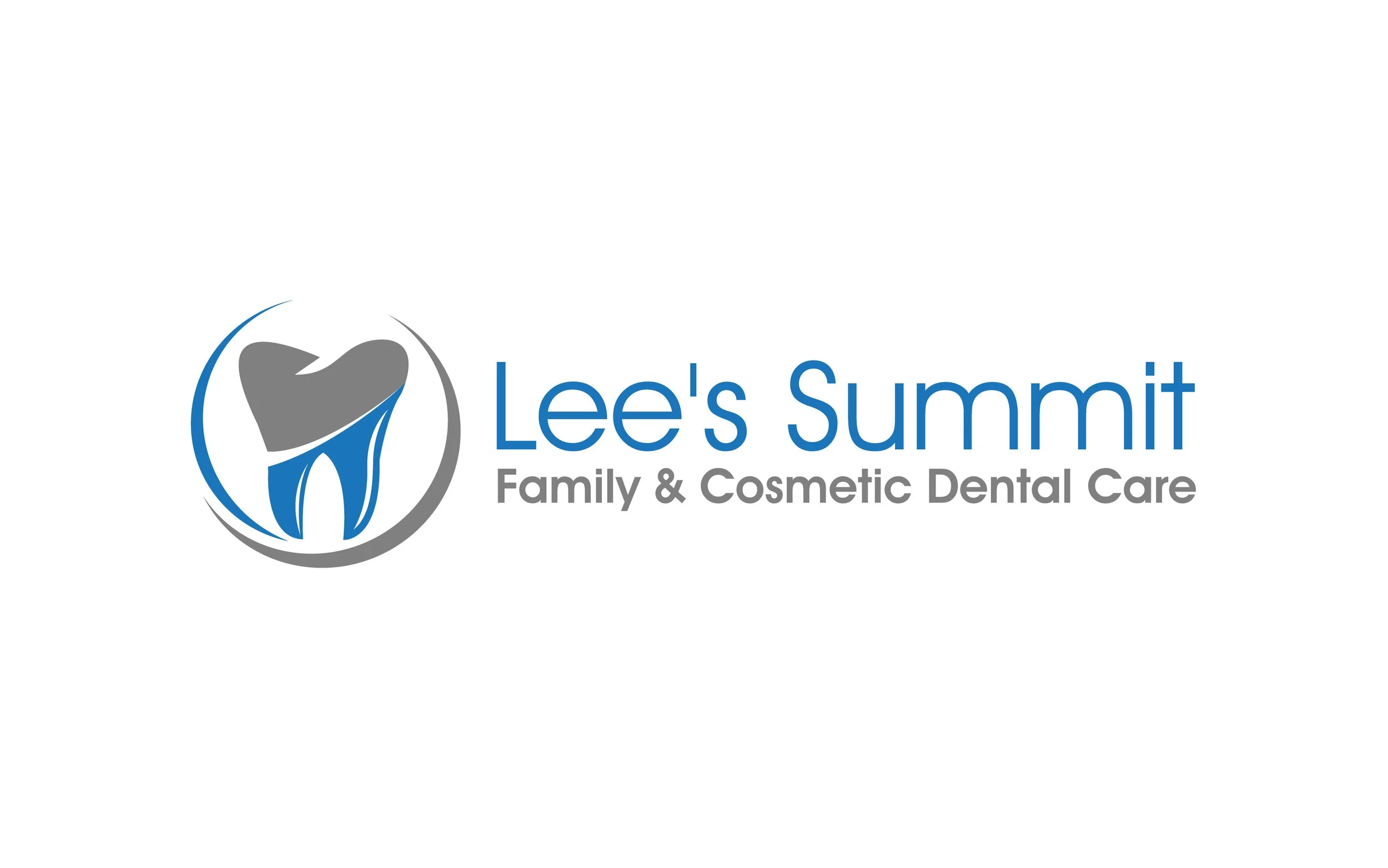 Logo of Lee's Summit Family & Cosmetic Dental Care featuring a stylized tooth in a circular design in gray and blue, with the business name written in blue and gray text.