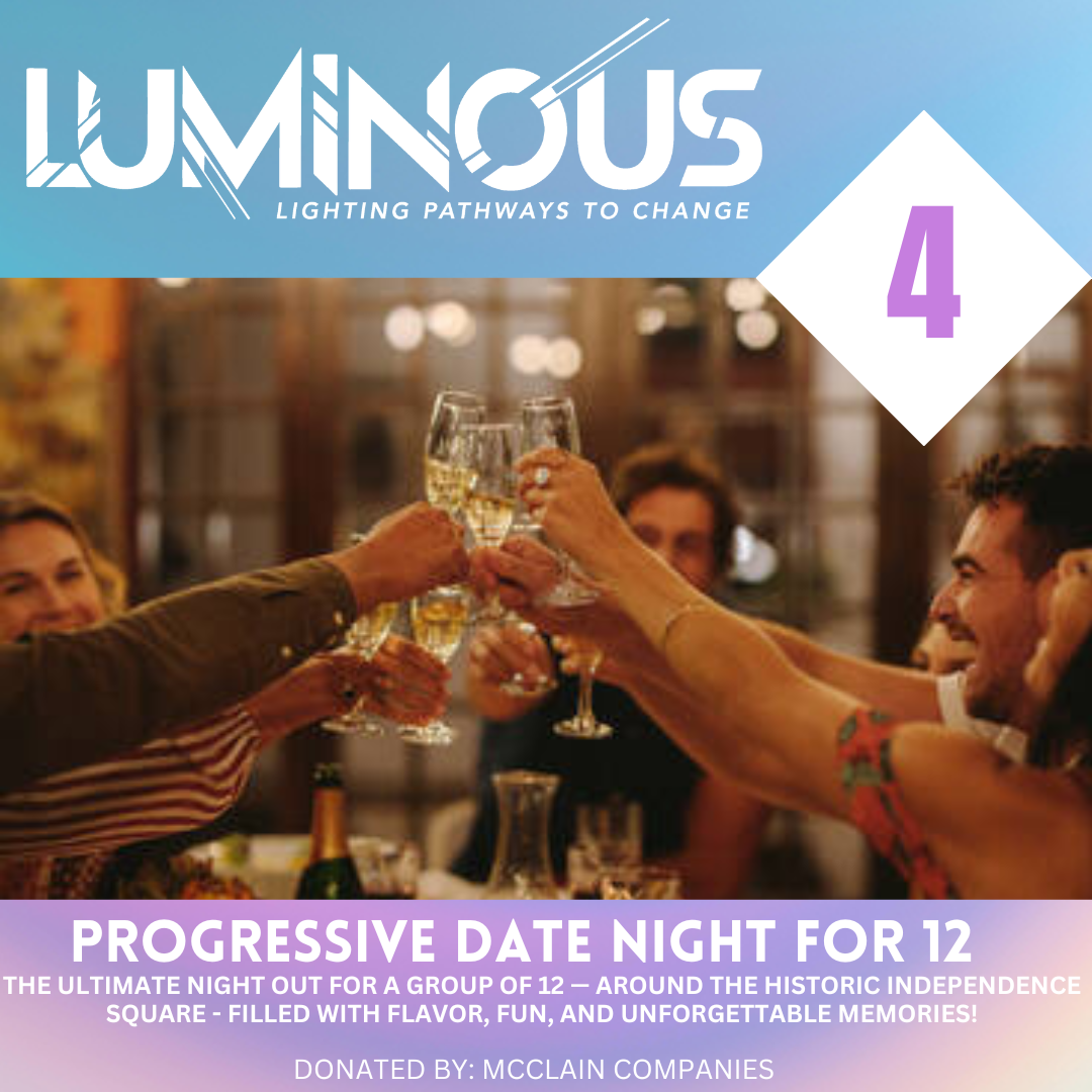 Advertisement for the 20th Anniversary Gala Luminaus, a live auction event with a theme of lighting pathways to change. The event features a coastal scene with houses and boats at sunset, promoting a one-week stay at River House in South Thomaston, Maine, for groups of 6-8, with $1000 airfare included. Donated by Dennis & Terry Clinefelter.