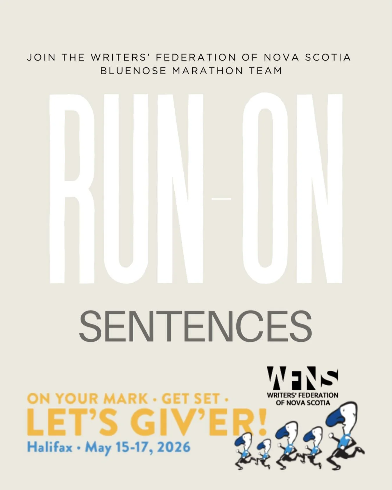 hello runners and writers!🏃🏼&zwj;♀️✍🏼 

I&rsquo;m excited to be captain of the WFNS&rsquo; Bluenose team, The Run-On-Sentences, for the second year in a row! 

The Bluenose is on May 15-17 this year, and I&rsquo;d love to have you join our team! I