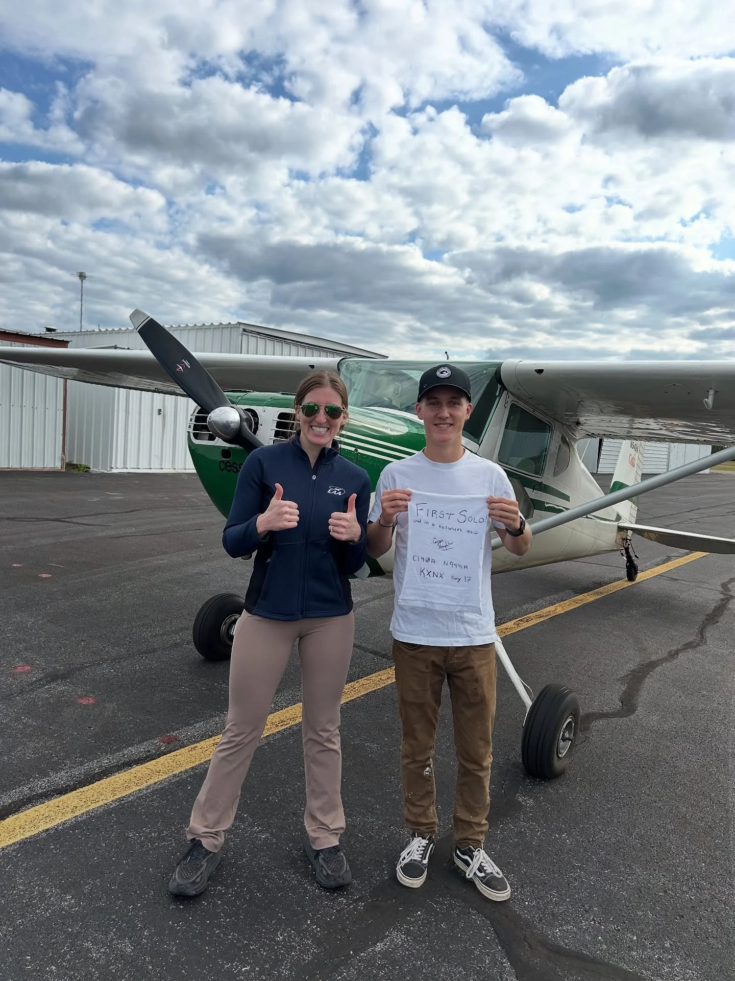 Big congrats to @_carsonslaughter on his soooooooolo in CC, our beloved Cessna 140A. 

And it&rsquo;s two thumbs up from Instructor @casey_ahern&hellip;her highest rating given.