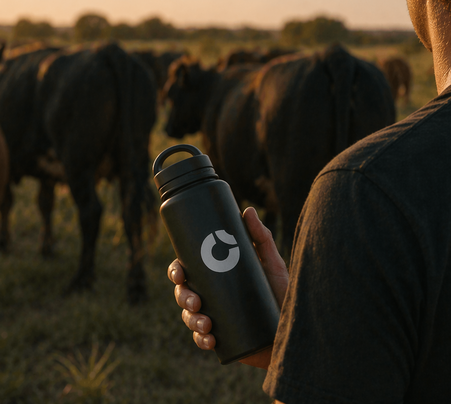 Persona sosteniendo una botella térmica negra con un logo blanco, en un campo con bueyes al atardecer.
