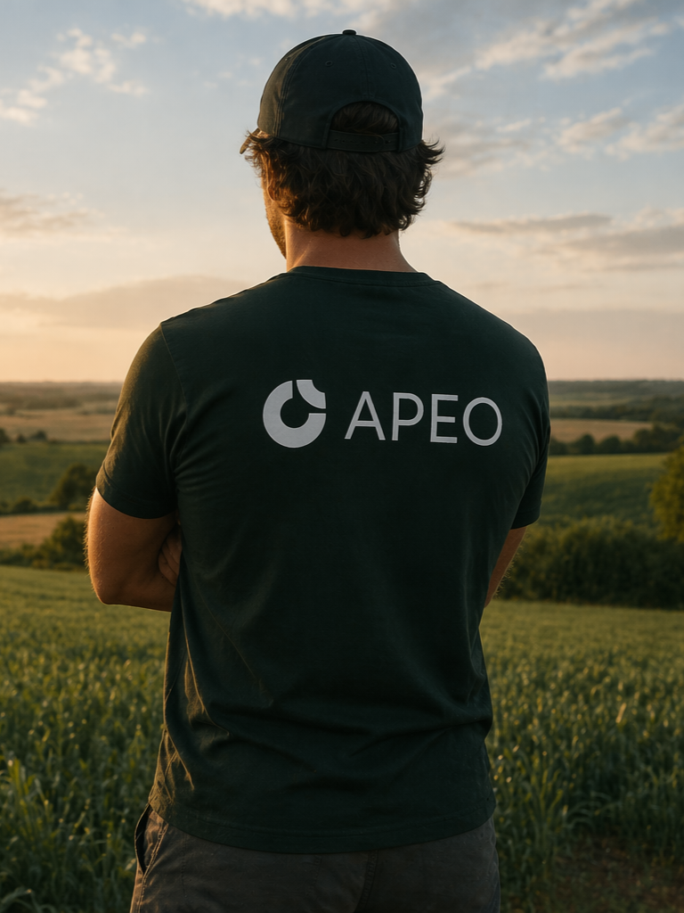 Persona de espaldas usando camiseta negra con logotipo y texto 'APEO', de pie en campo durante atardecer.