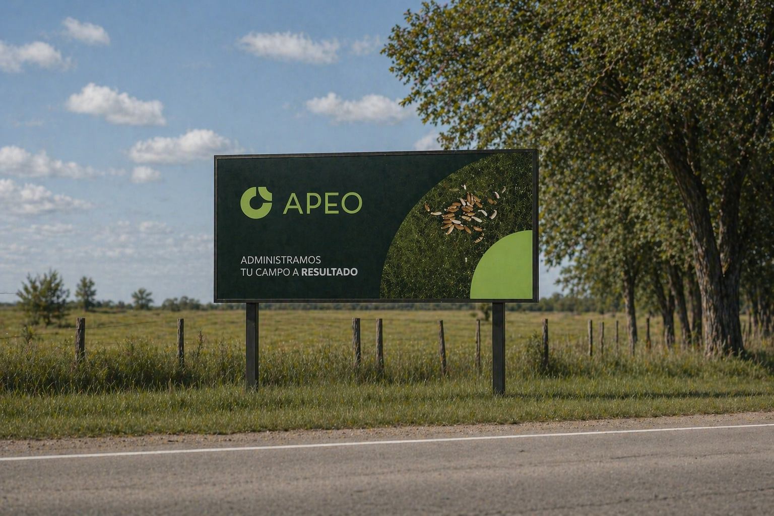 Cartel publicitario en un campo abierto con árboles y cielo nublado, anuncia servicios de manejo agrícola por APÉO.