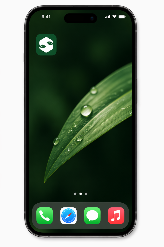 Pantalla de iPhone con fondo de una hoja con gotas de agua, icono de la aplicación Ecosistema Verde en la esquina superior izquierda, y en la parte inferior, iconos de llamadas, navegador, mensajes y música.
