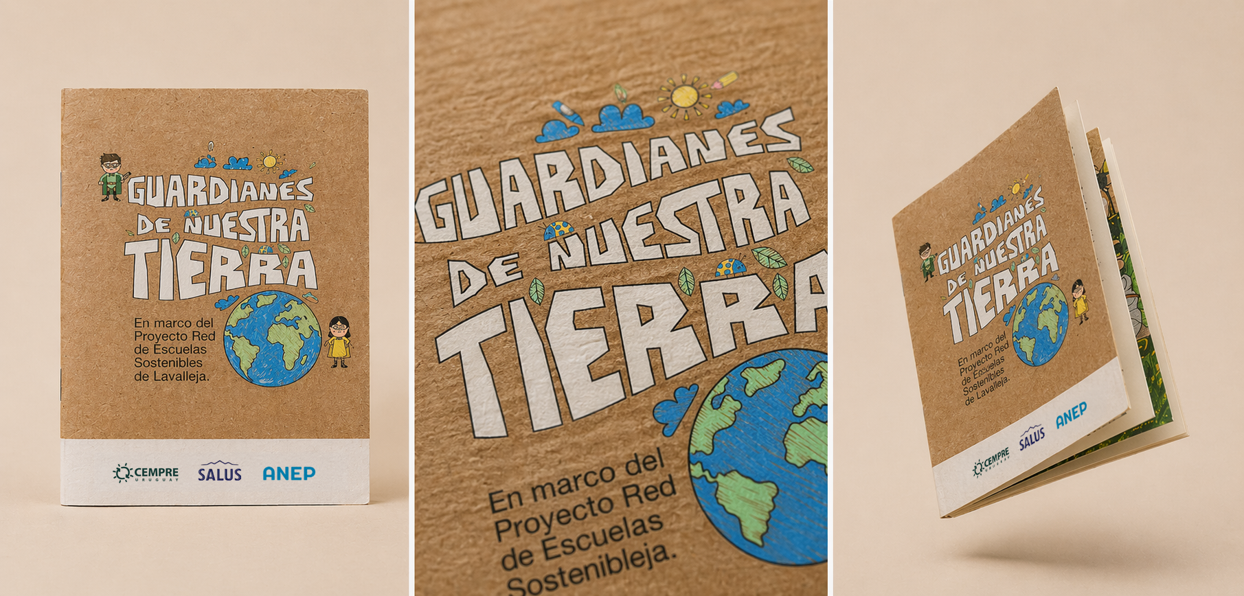 Libro titulado 'Guardianes de nuestra Tierra' sobre sostenibilidad, con ilustraciones de la Tierra, nubes, sol, hojas, y niños, enmarcado en un proyecto escolar y con logos en la parte inferior.