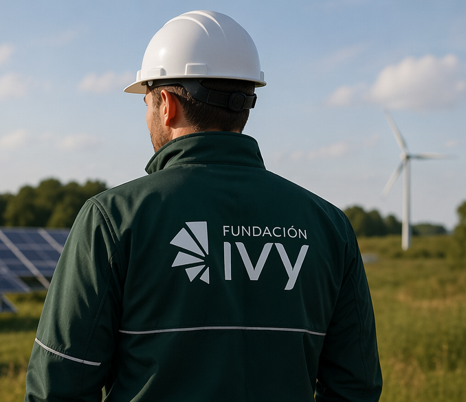 Hombre con casco y chaqueta de la Fundación Ivy, en un campo con aerogeneradores y paneles solares, trabajando en energía renovable.