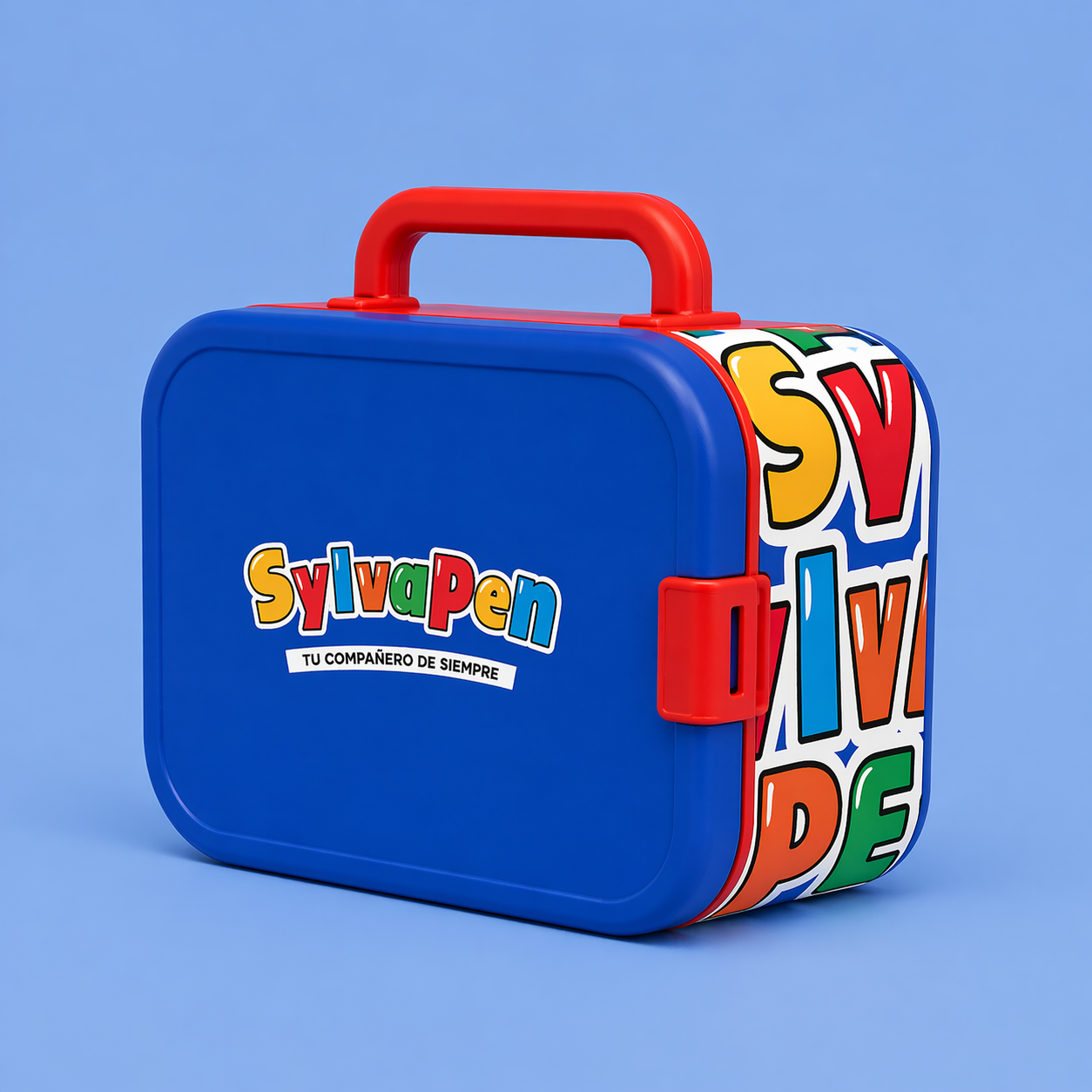 Estuche azul con asas rojas con letras coloridas y texto en español que dice "SylvaPen" y "Tu compañero de siempre".