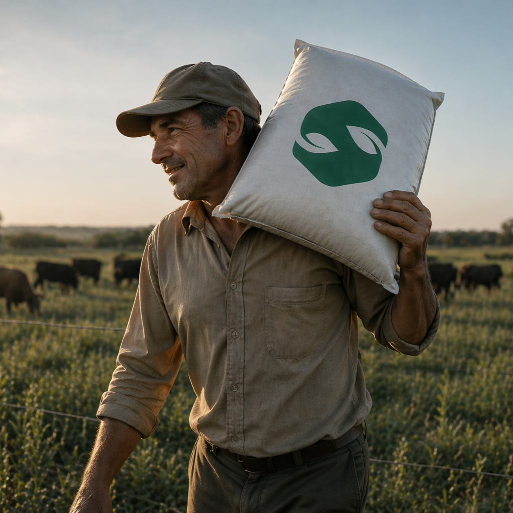Hombre en el campo cargando un saco con el logo de Greenpeace en el hombro, con vacas pastando al fondo.