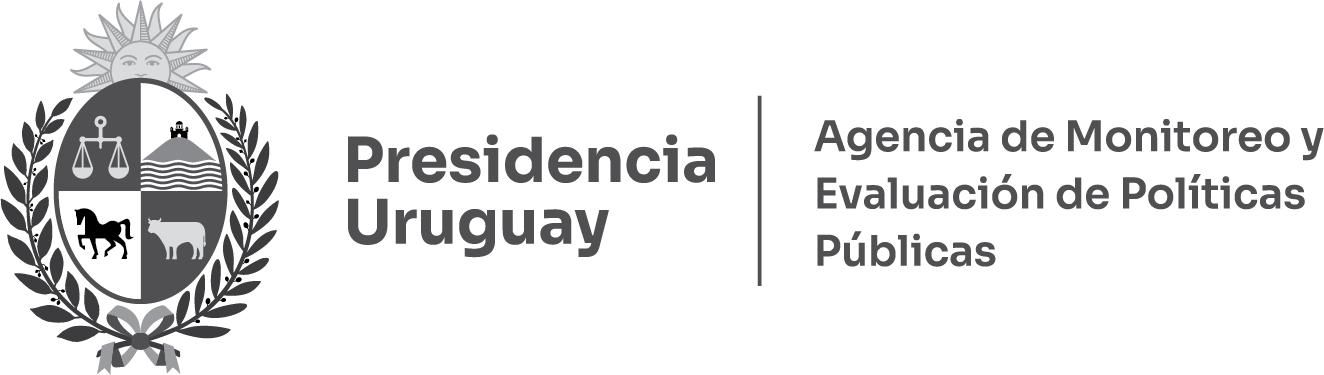 Logotipo de la Presidencia de Uruguay con un escudo que contiene una balanza, un sol, un caballo y una vaca, y el texto 'Presidencia Uruguay Agencia de Monitoreo y Evaluación de Políticas Públicas'.