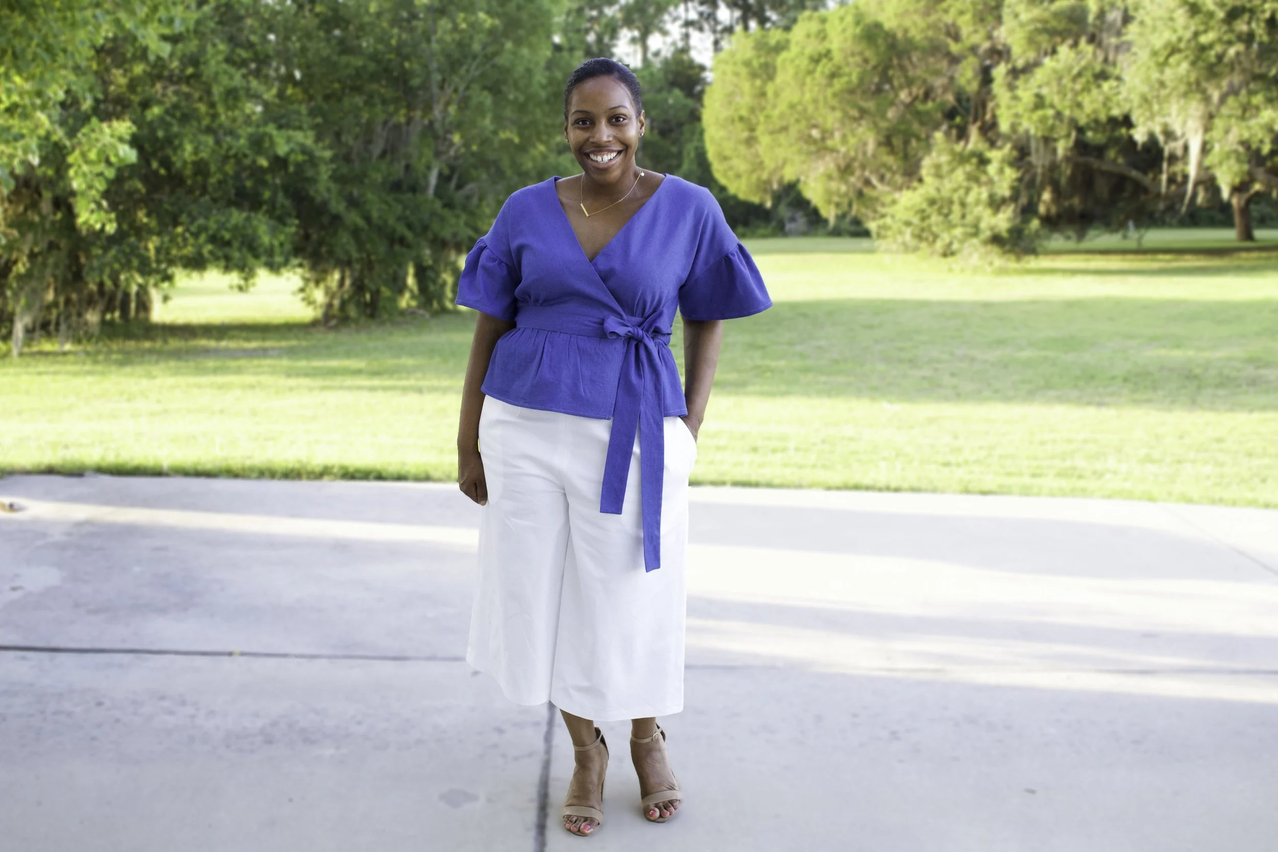 Denim Wrap Top + White Culottes: Simplicity 8644