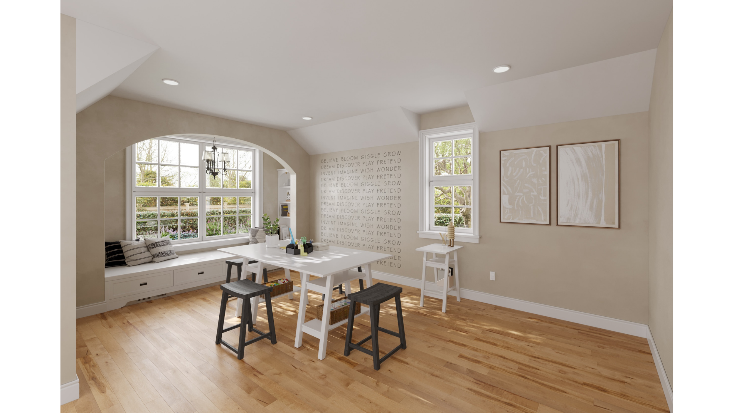 Bright dining or activity room with large window seat, white table, black and white stools, wall art, and hardwood floors.