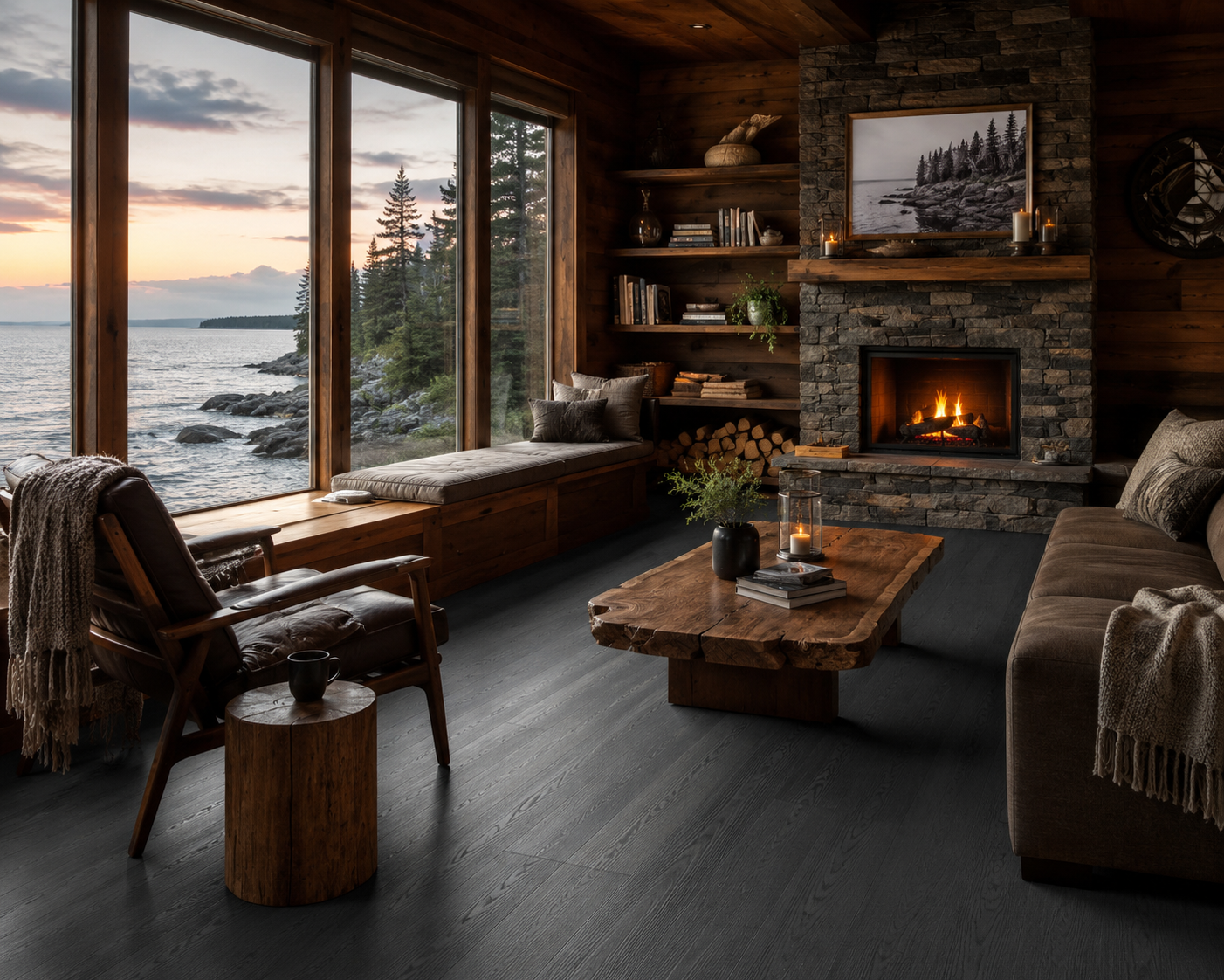 Cozy lakeside cabin living room remodel flooring