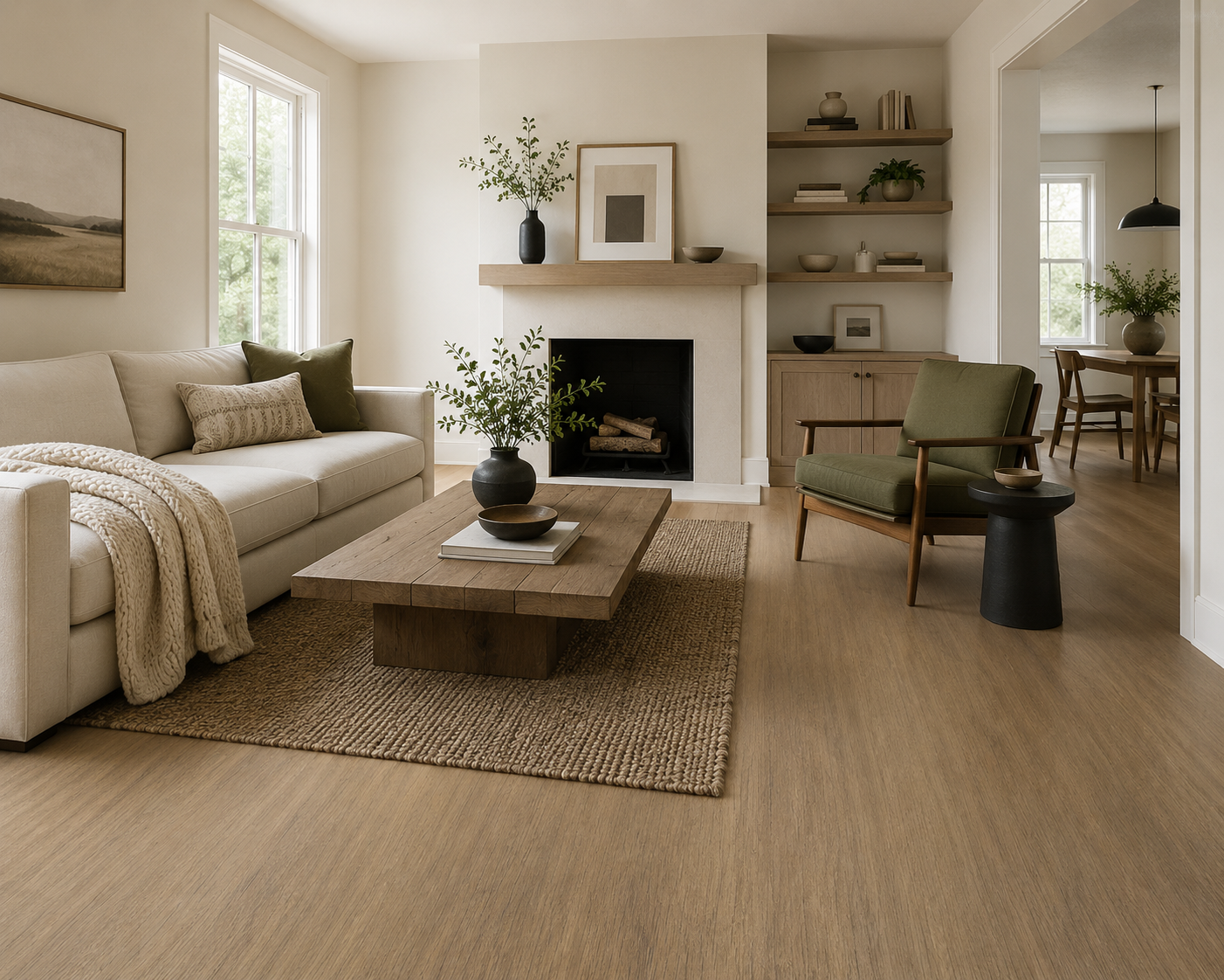 Minimalist living room with natural light hardwood flooring