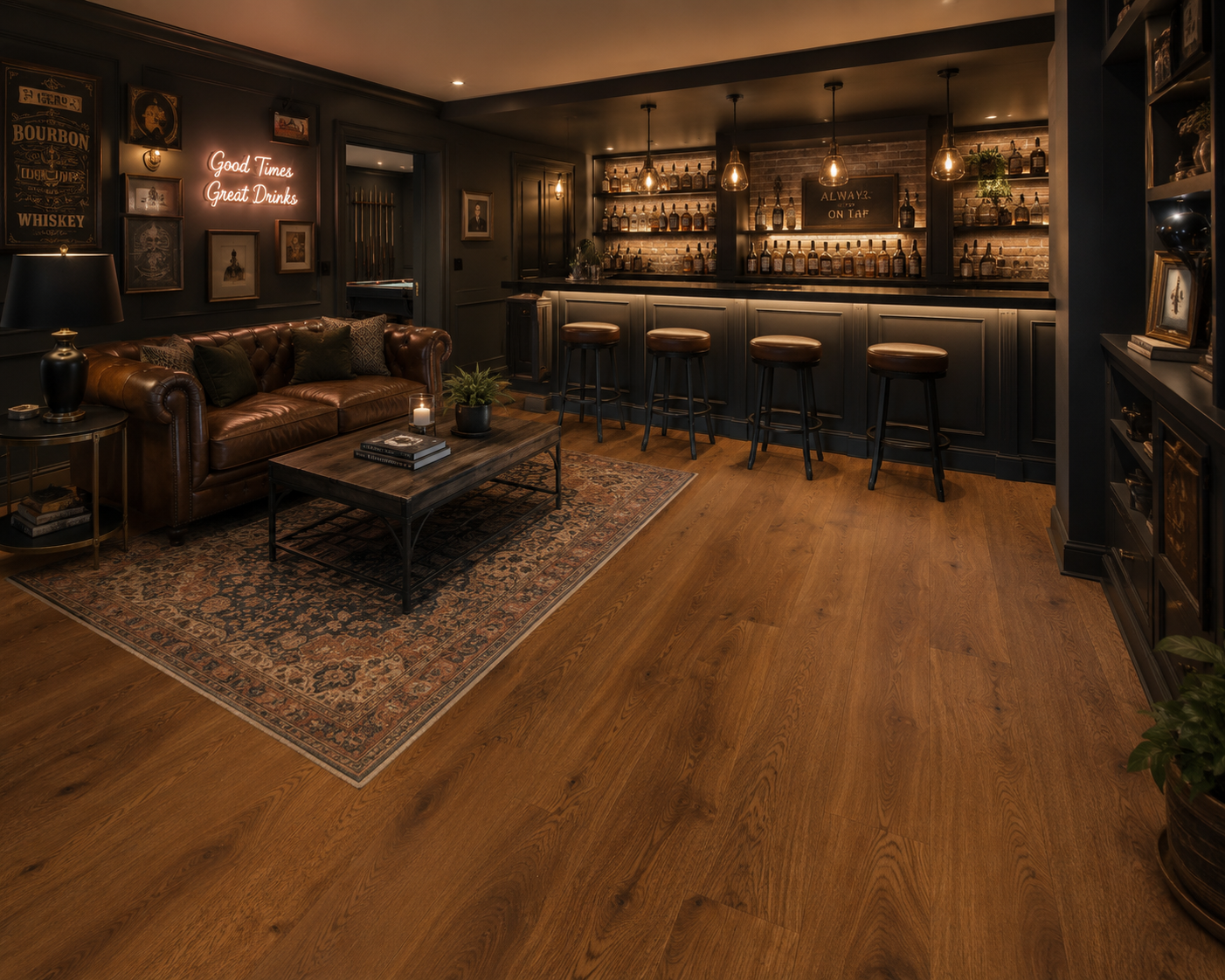 Cozy upscale home bar lounge remodel flooring