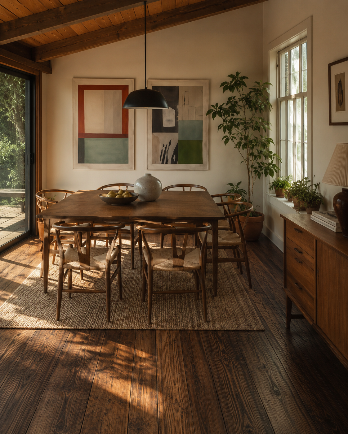 Sunny mid-century rustic dining room flooring