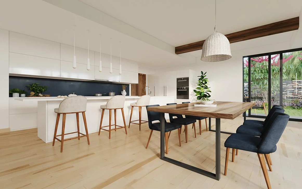 Modern open-plan kitchen and dining area with white cabinets, a wooden dining table, black chairs, and bar stools, overlooking a backyard with greenery and flowers.