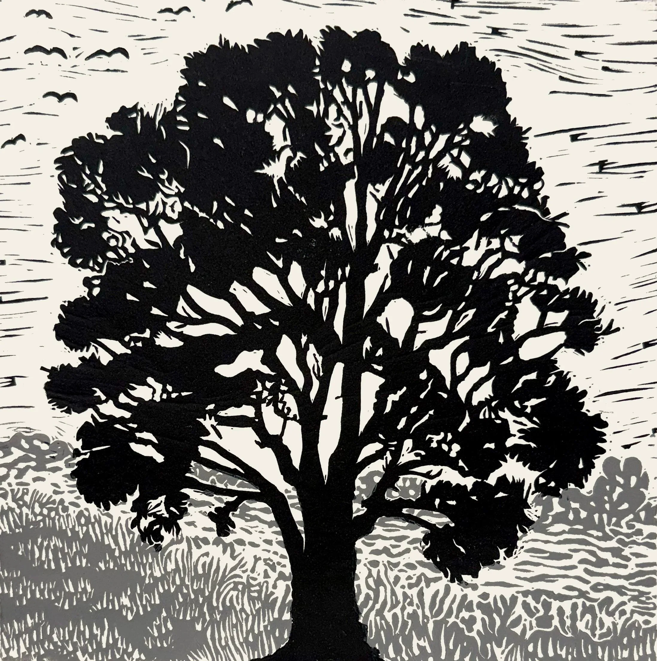 Shady, two plate linocut, 29.5 x 29.5cm 
 on Hahnemuhle 300 gsm, edition of 40,                 $160 unframed