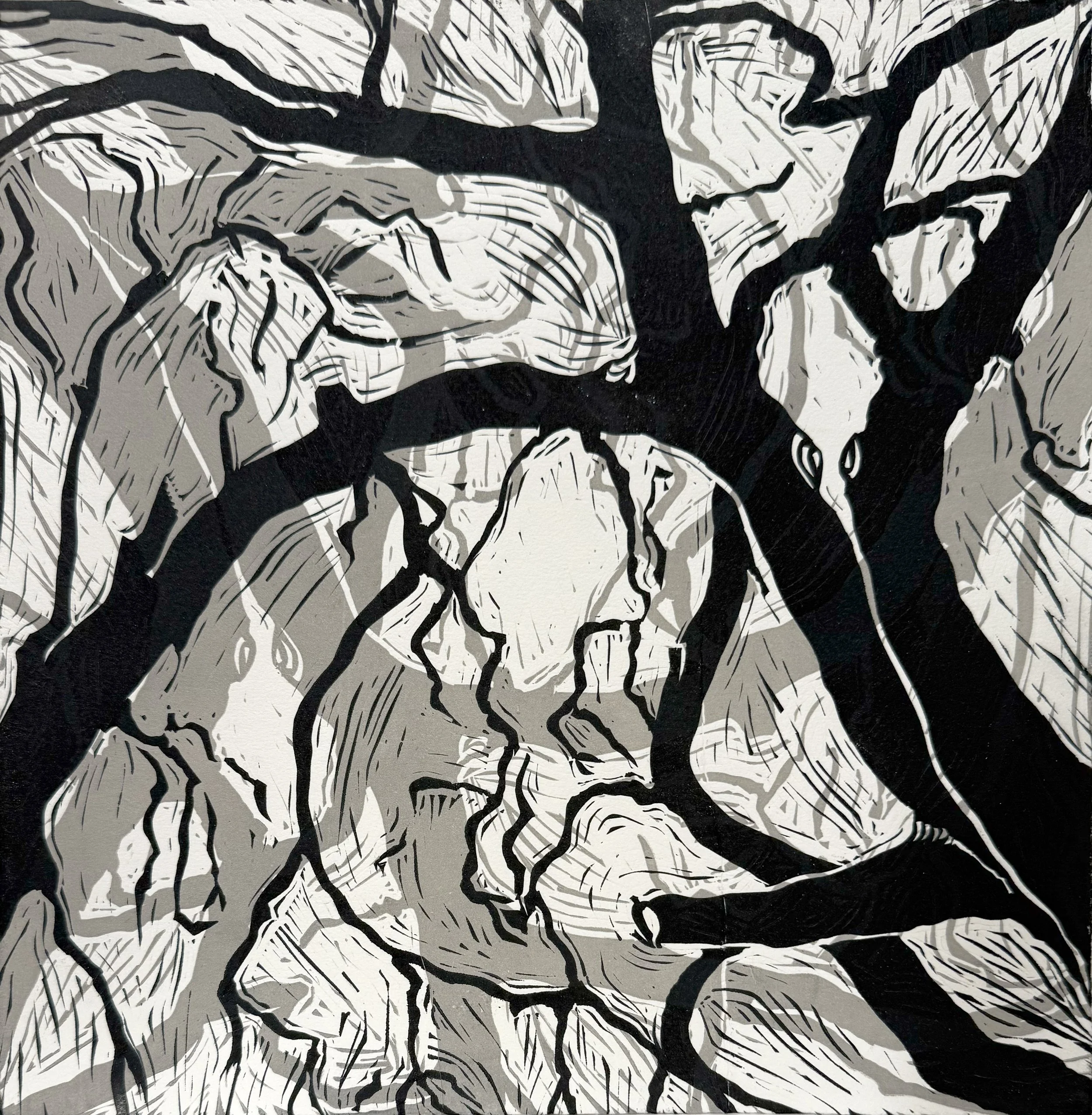 Branches, two plate linocut, 29.5 x 29.5cm 
 on Hahnemuhle 300 gsm, edition of 40,                 $160 unframed