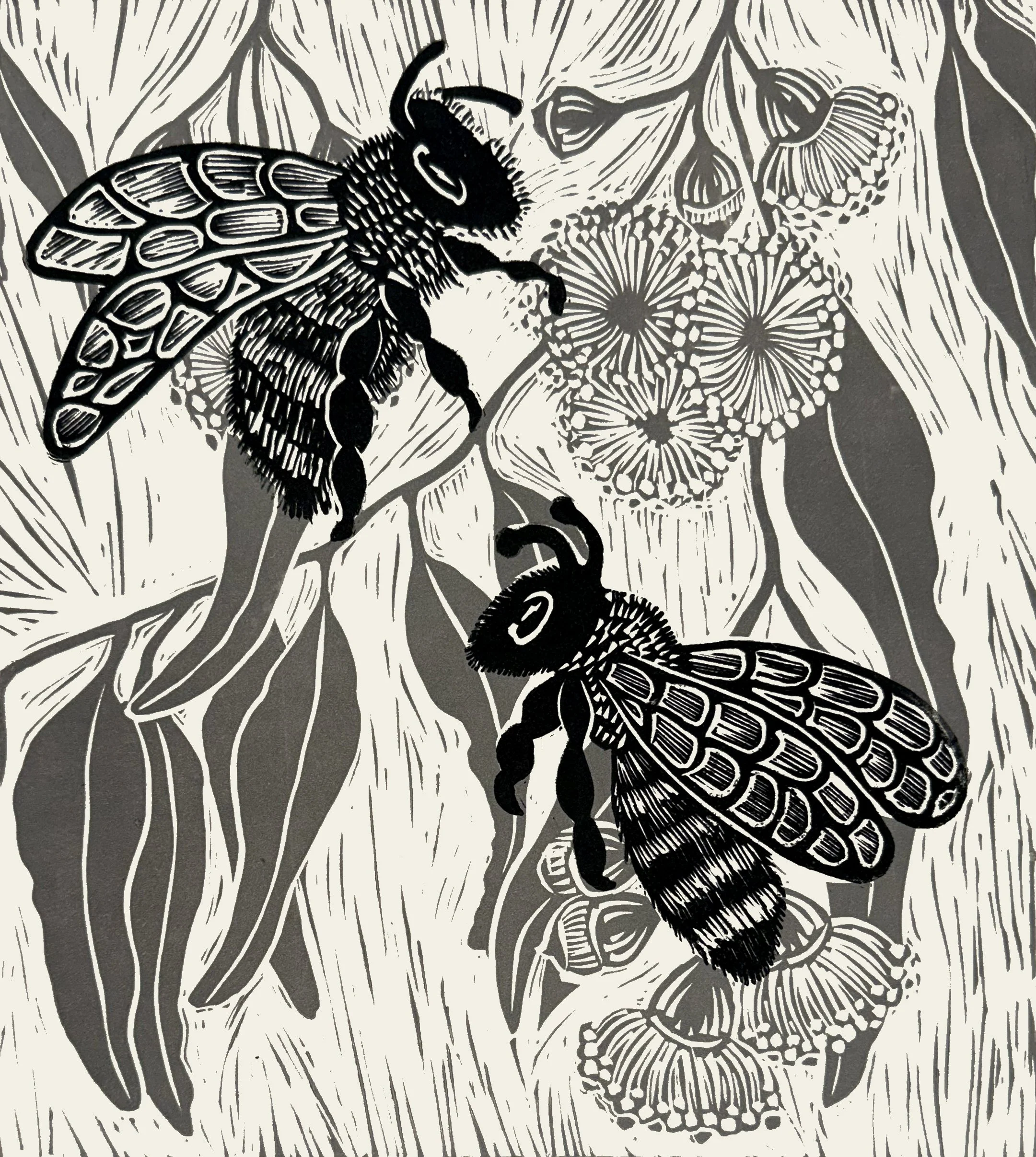 Bees, two plate linocut, 29.5 x 29.5cm 
 on Hahnemuhle 300 gsm, edition of 40,                 $160 unframed