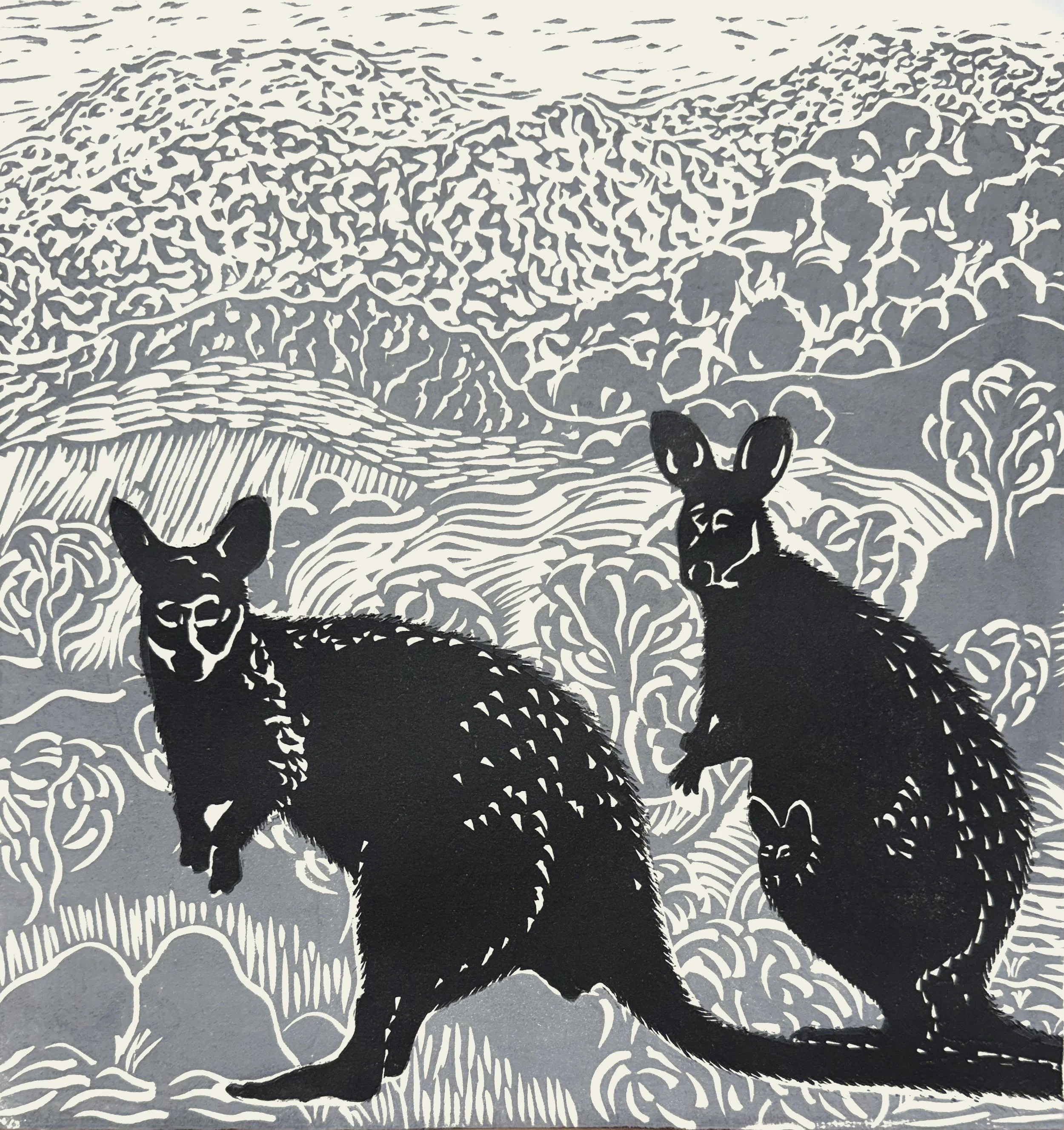 Wallabies, two plate linocut, 29.5 x 29.5cm 
 on Hahnemuhle 300 gsm, edition of 40,                 $160 unframed