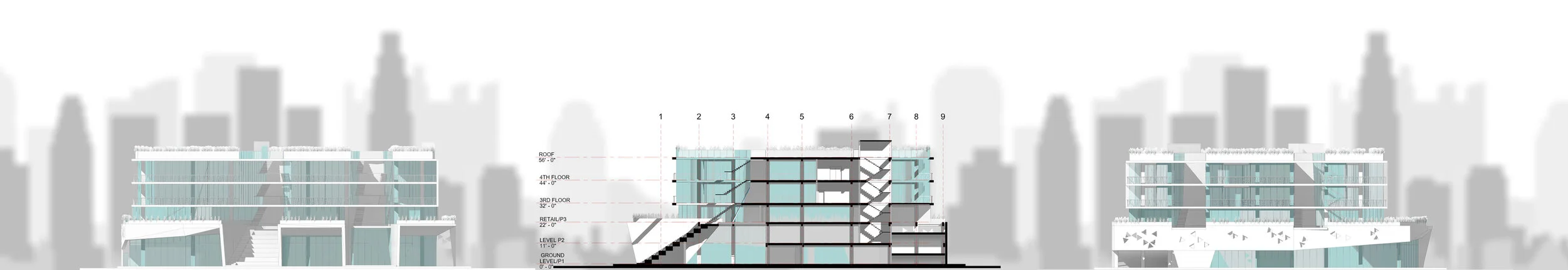 NORTH ELEVATION, SECTION 2, AND EAST ELEVATION