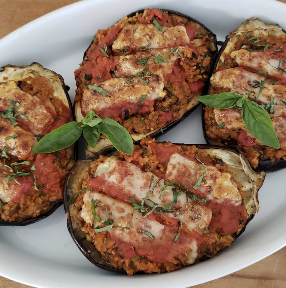 Italian veggie & grain stuffed eggplant