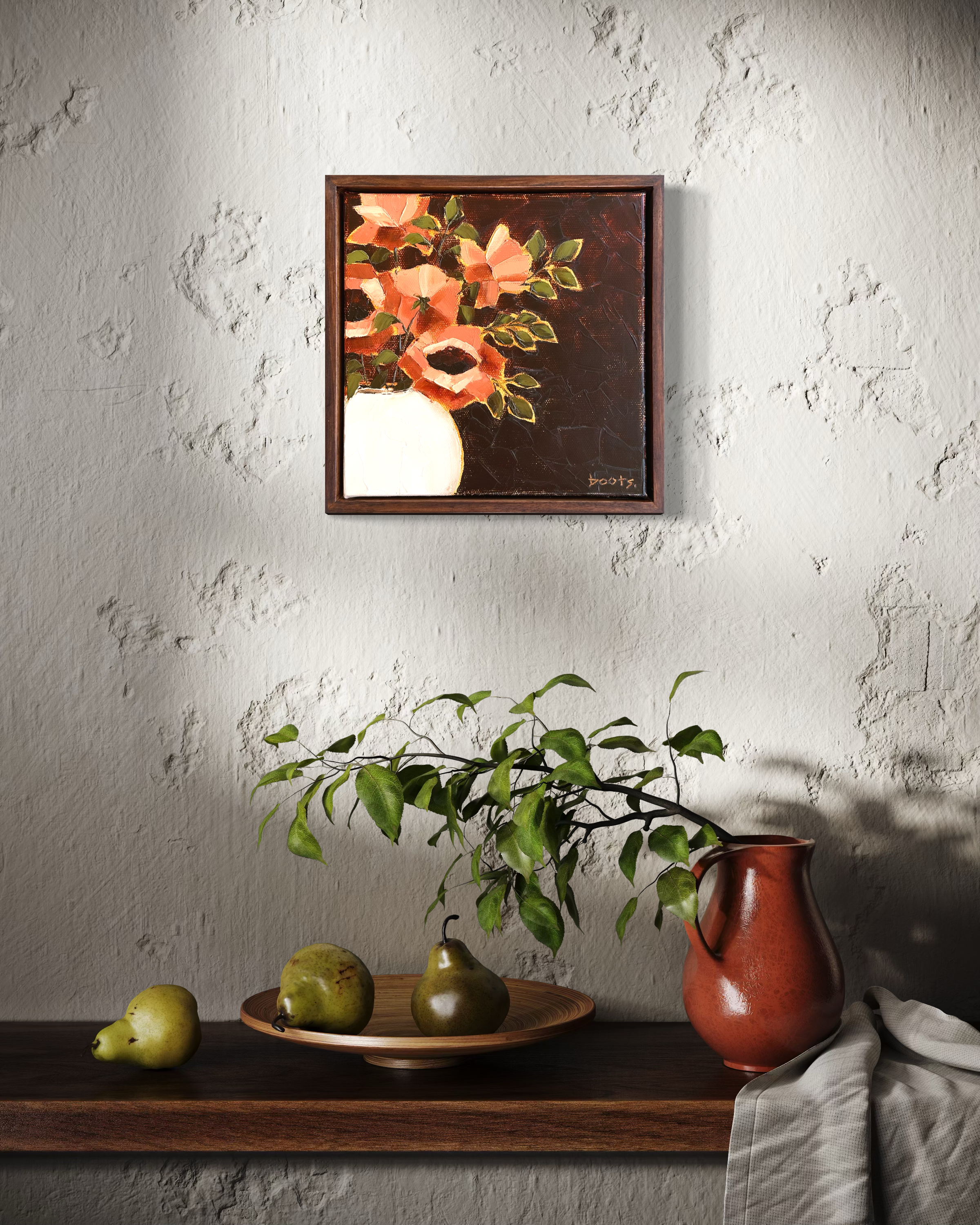 Still life composition featuring a wooden table with three pears, a clay vase with green foliage, a white cloth, a framed floral painting on a textured white wall.