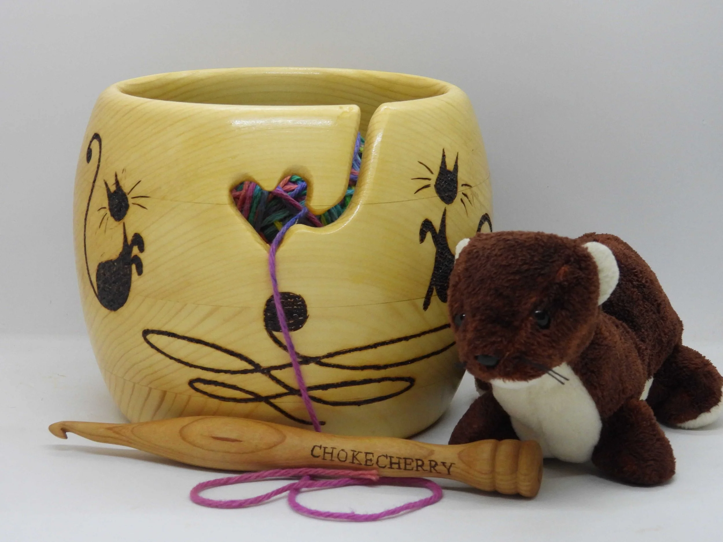 #596 - Spruce Yarn Bowl with Two Cats