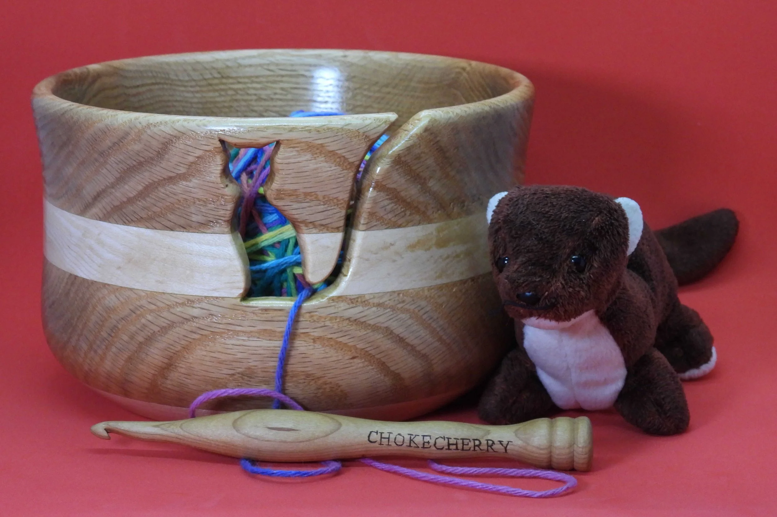#603 - Maple & Red Oak Yarn Bowl with Cat Cutout