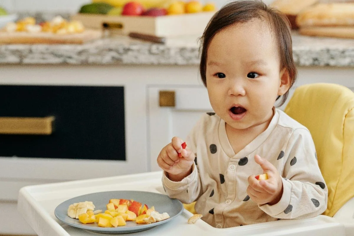 Image of baby eating fruit in high chair