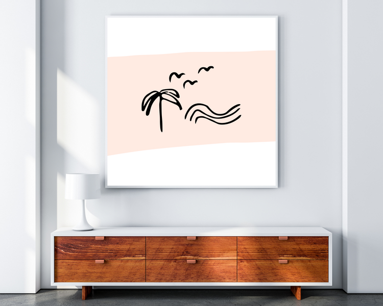 A minimalist palm tree and wave art print with a pastel pink background. This print is perfect to match any decor and can be displayed as a large print or small!