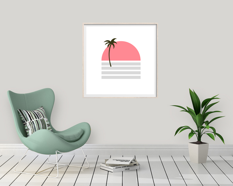 This palm tree print comes in two different color schemes. In addition to this pink and gray design, there’s also an orange, pink, and yellow color scheme in the Etsy shop! It’s definitely a fun print to display anywhere.