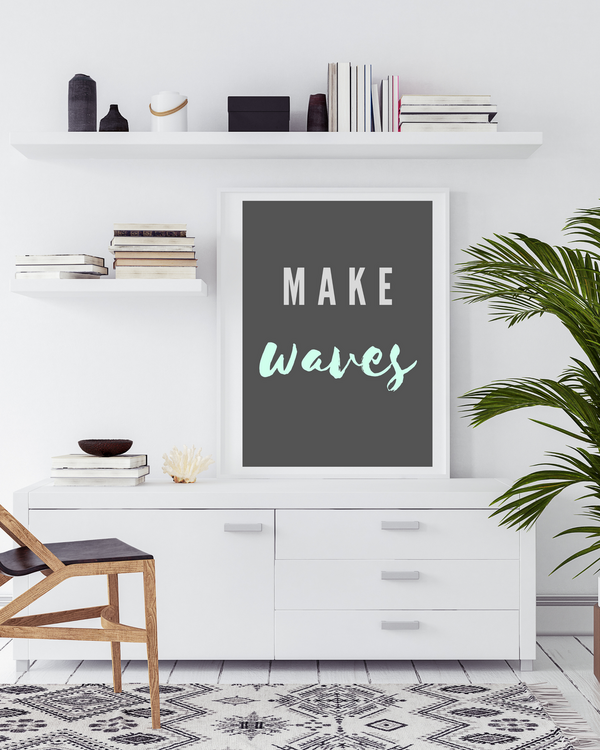 This mint and gray “Make Waves” art print can be used for inspiration anywhere! The font colors and dark charcoal background makes for a unique color scheme to inspire beach vibes.