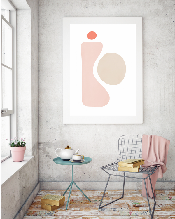 This art print can really be displayed anywhere because of the soft color scheme. It has beige and blush pink shapes, with a tiny pop of orange at the top. It’s an example that sometimes an interesting piece doesn’t have to be showy or flashy.
