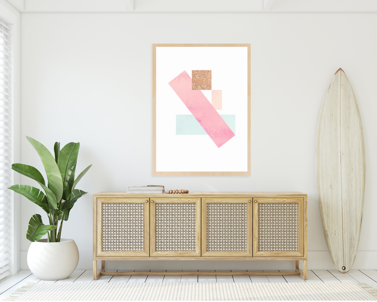 This pastel pink, blue, gold, and orange accented art print is the perfect print to add a pop of color to any space! Its color scheme and design is perfect for a coastal / beach house, but would also add brightness to any decor style!